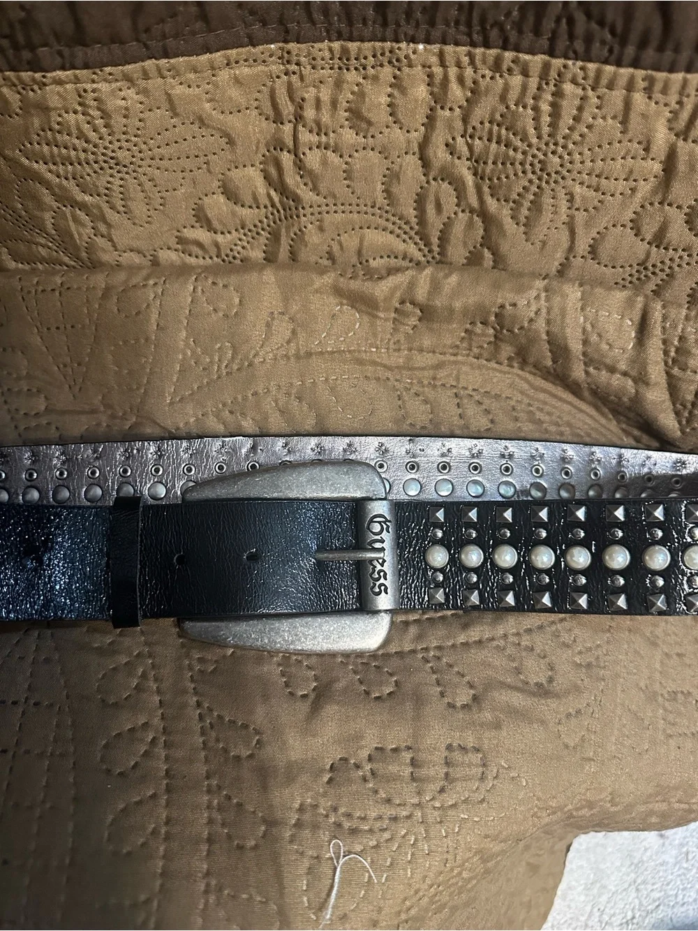 Guess Black Studded Leather Belt with Pearl Accents